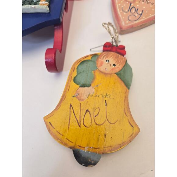 Country Primitive Wooden Ornaments Set of 5 Christmas Angels & Sled ~6" - Picture 4 of 7